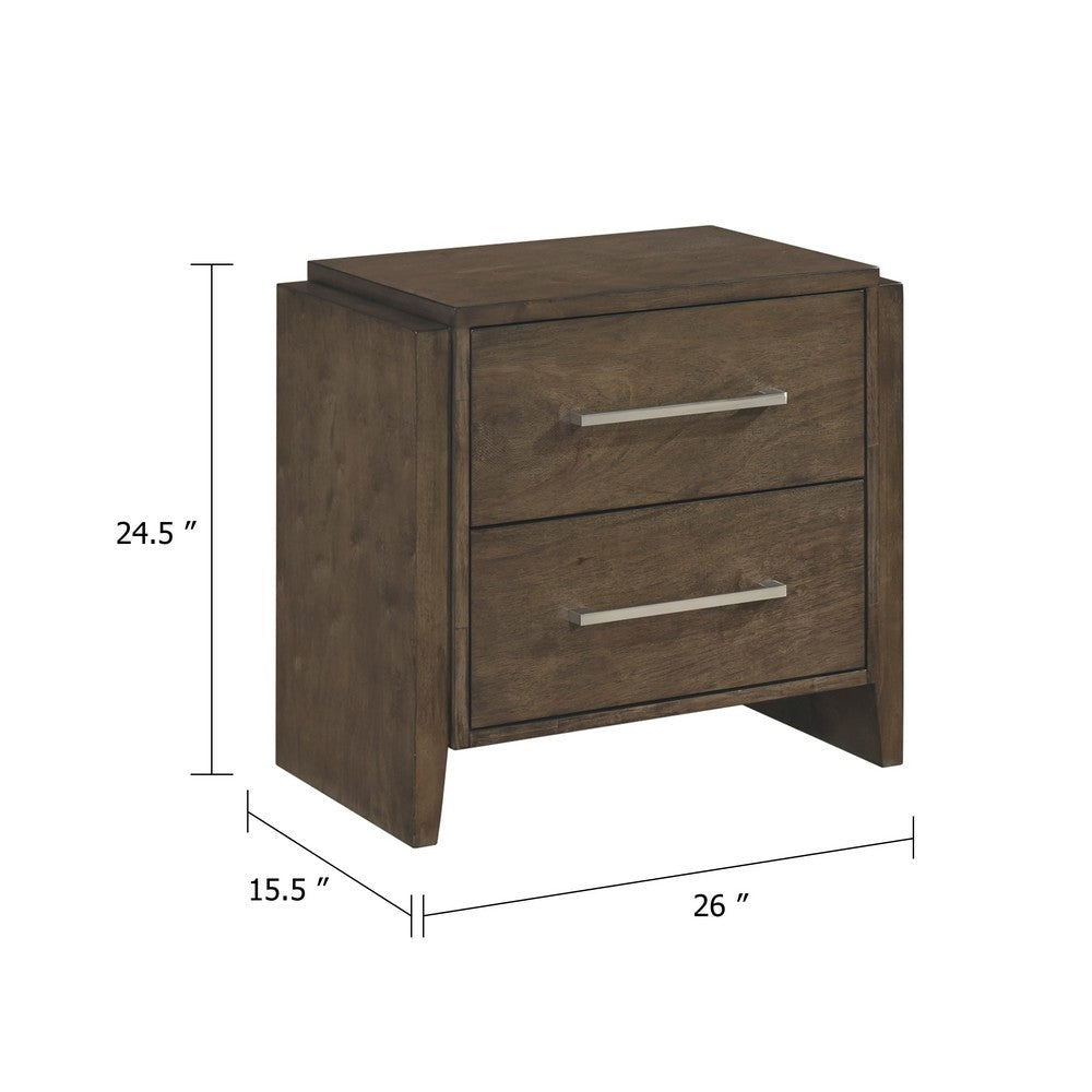 Benjara Ema Nightstand, 2 Drawers with Chrome Handles, Dark Walnut Brown