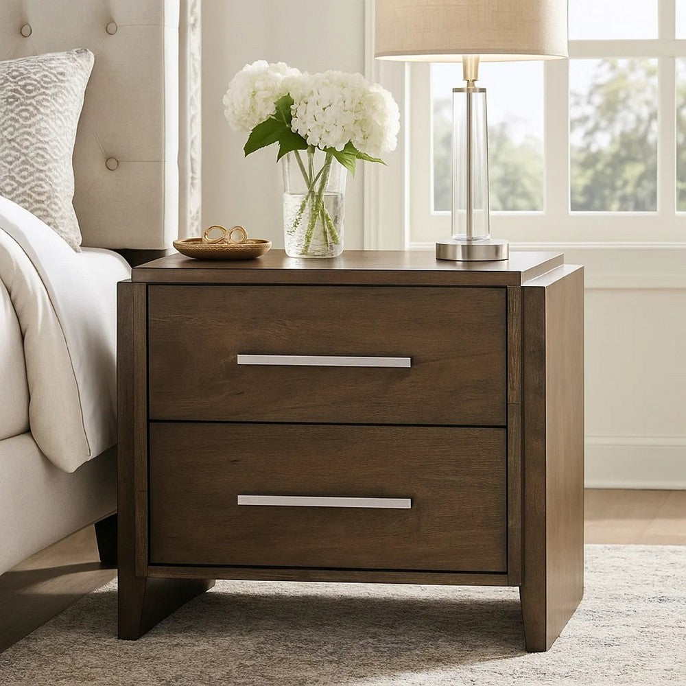 Benjara Ema Nightstand, 2 Drawers with Chrome Handles, Dark Walnut Brown