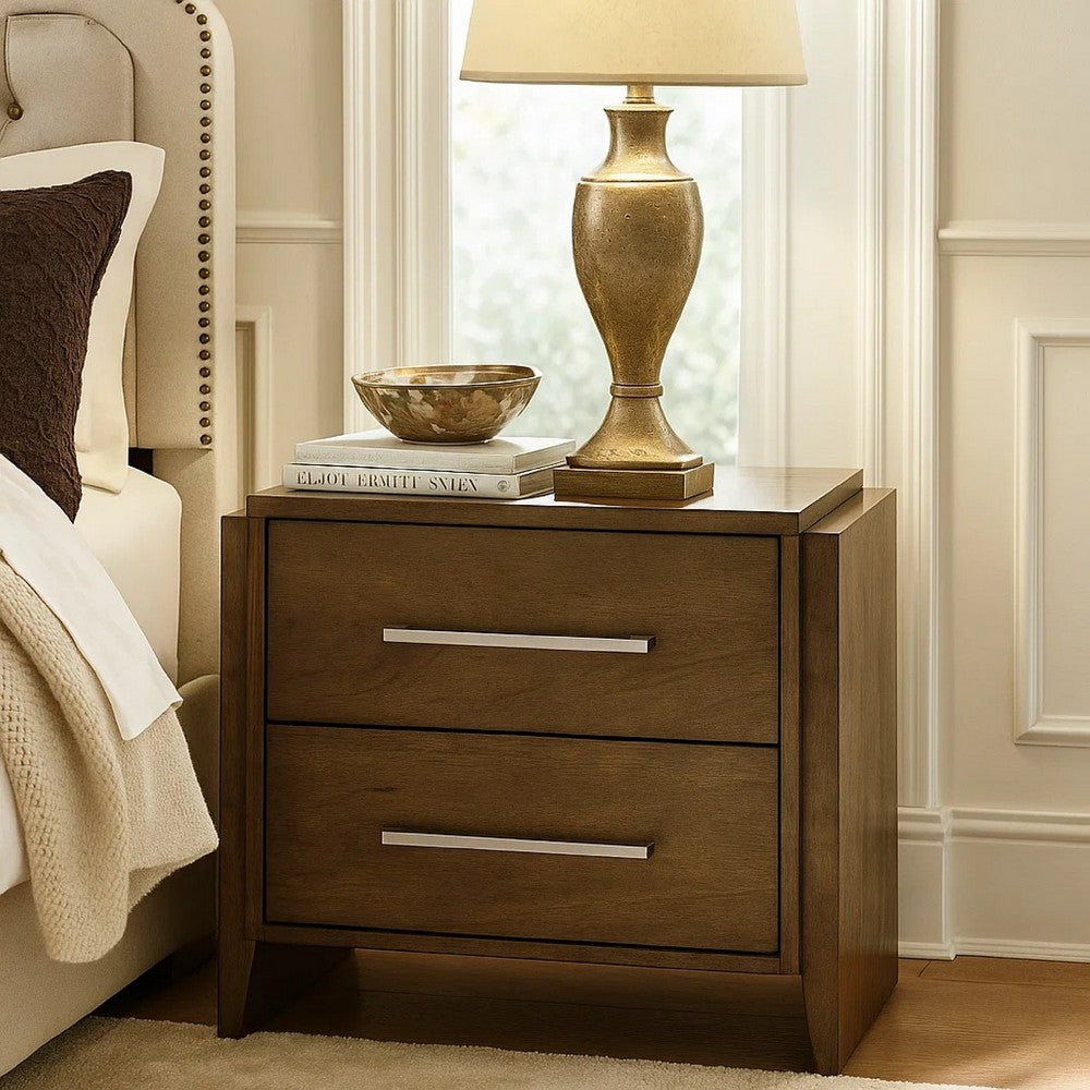 Benjara Ema Nightstand, 2 Drawers with Chrome Handles, Dark Walnut Brown
