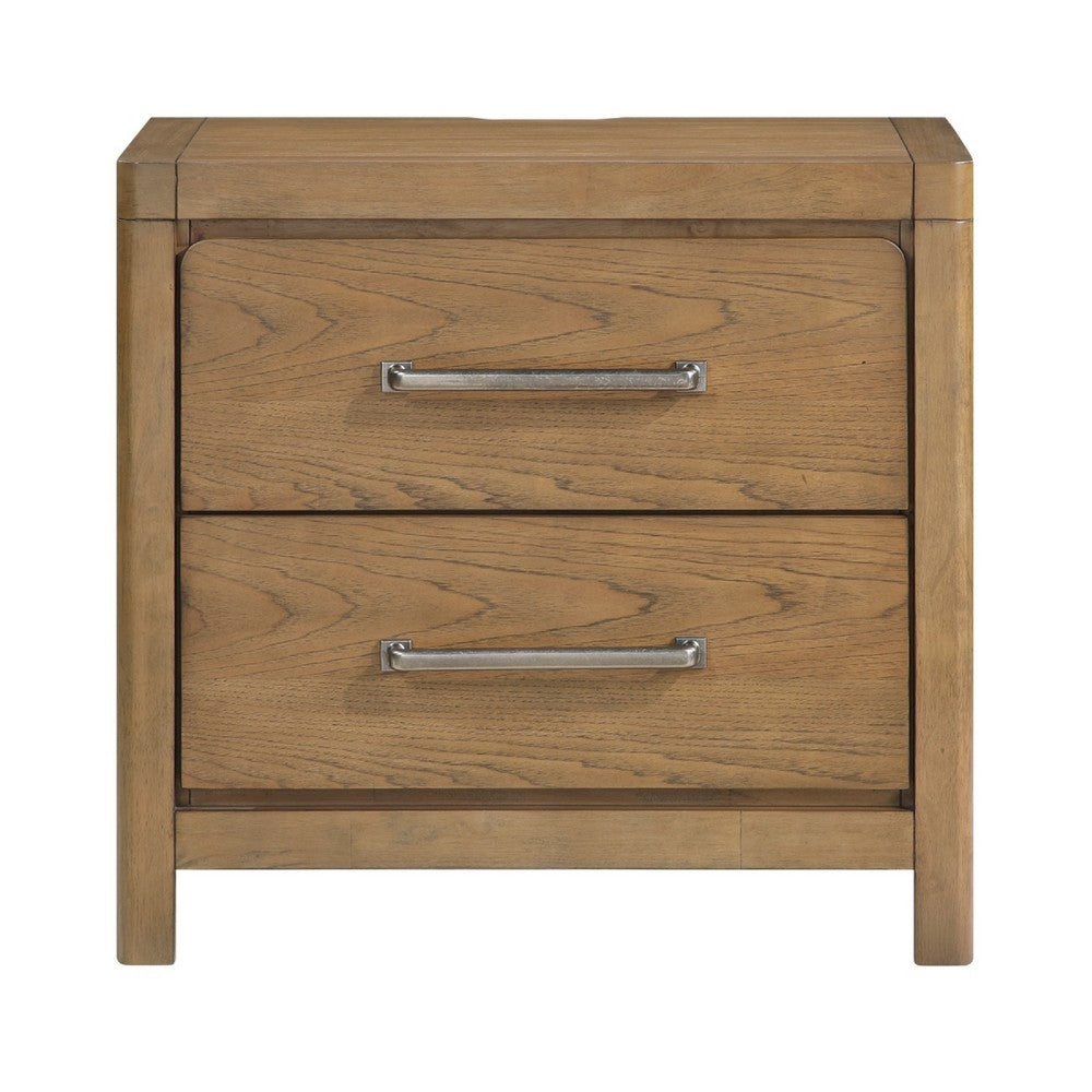 Benjara Cery Nightstand, 2 Drawer with Pewter Bar Handles & USB C Port, Brown