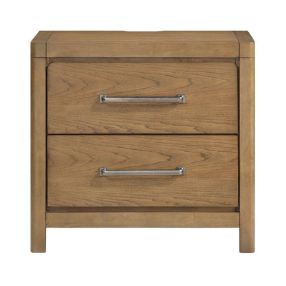 Benjara Cery Nightstand, 2 Drawer with Pewter Bar Handles & USB C Port, Brown