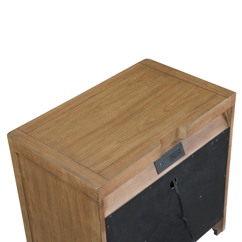 Benjara Cery Nightstand, 2 Drawer with Pewter Bar Handles & USB C Port, Brown