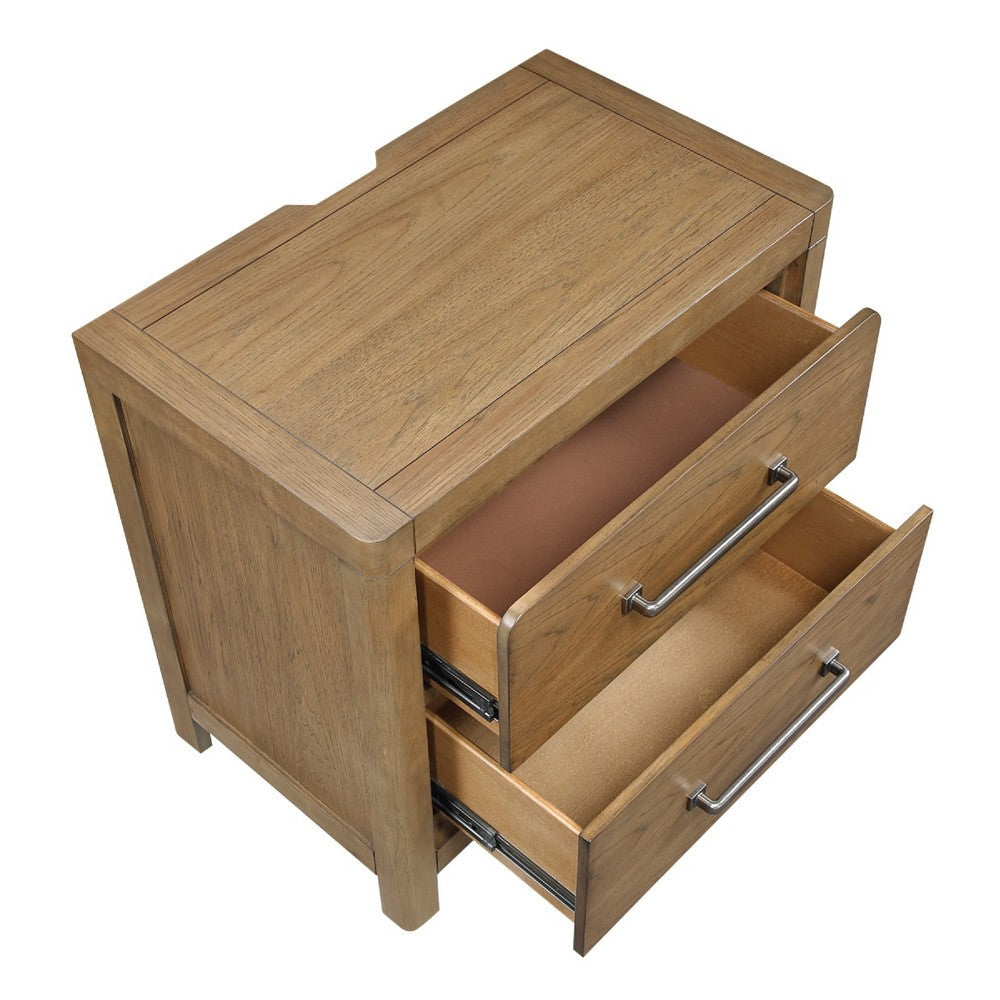 Benjara Cery Nightstand, 2 Drawer with Pewter Bar Handles & USB C Port, Brown
