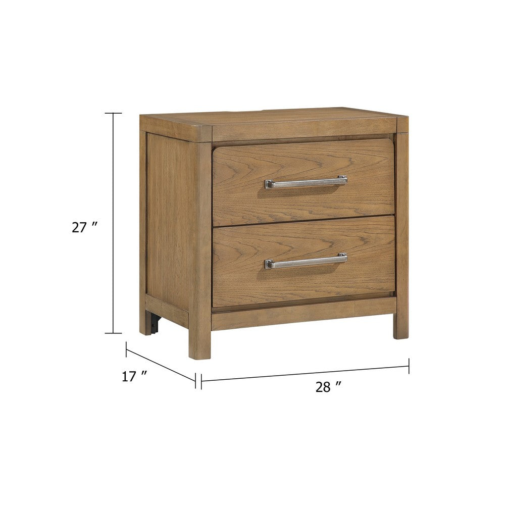 Benjara Cery Nightstand, 2 Drawer with Pewter Bar Handles & USB C Port, Brown