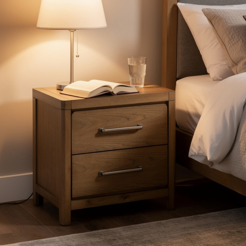 Benjara Cery Nightstand, 2 Drawer with Pewter Bar Handles & USB C Port, Brown