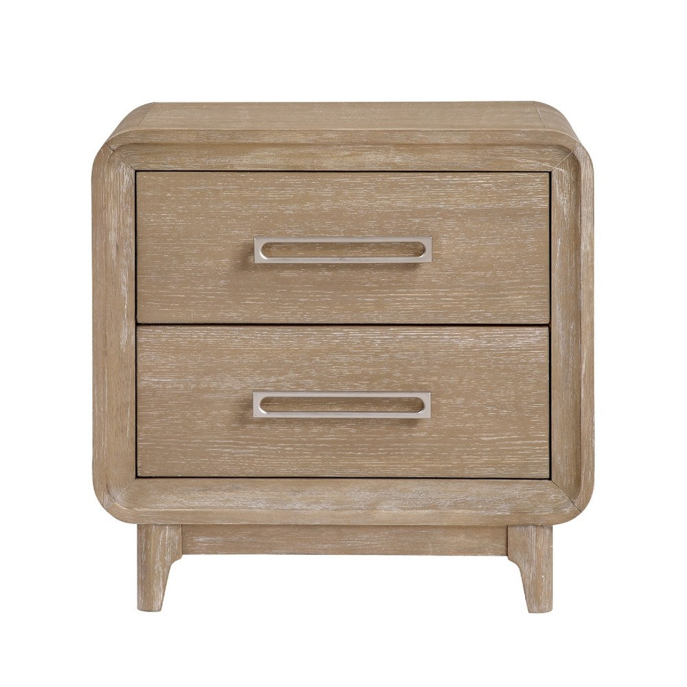 Benjara Wily Retro Nightstand, 2 Drawers with Nickel Bar Handles, Natural Brown