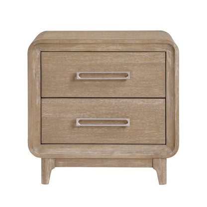 Benjara Wily Retro Nightstand, 2 Drawers with Nickel Bar Handles, Natural Brown