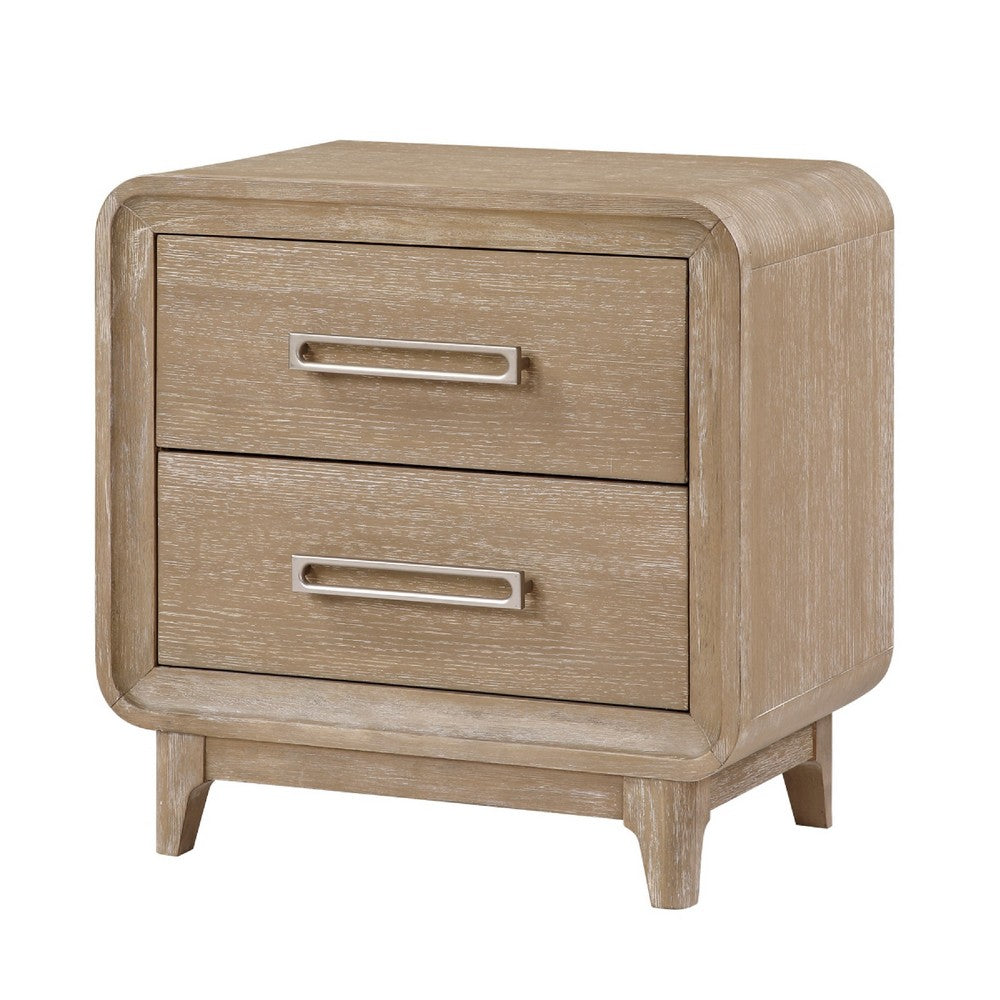 Benjara Wily Retro Nightstand, 2 Drawers with Nickel Bar Handles, Natural Brown