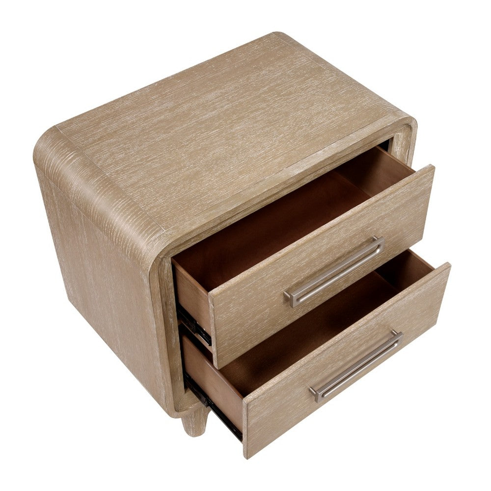 Benjara Wily Retro Nightstand, 2 Drawers with Nickel Bar Handles, Natural Brown