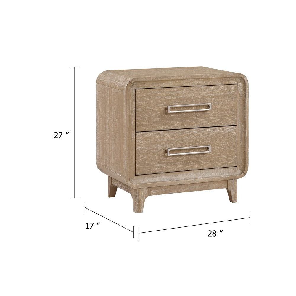 Benjara Wily Retro Nightstand, 2 Drawers with Nickel Bar Handles, Natural Brown
