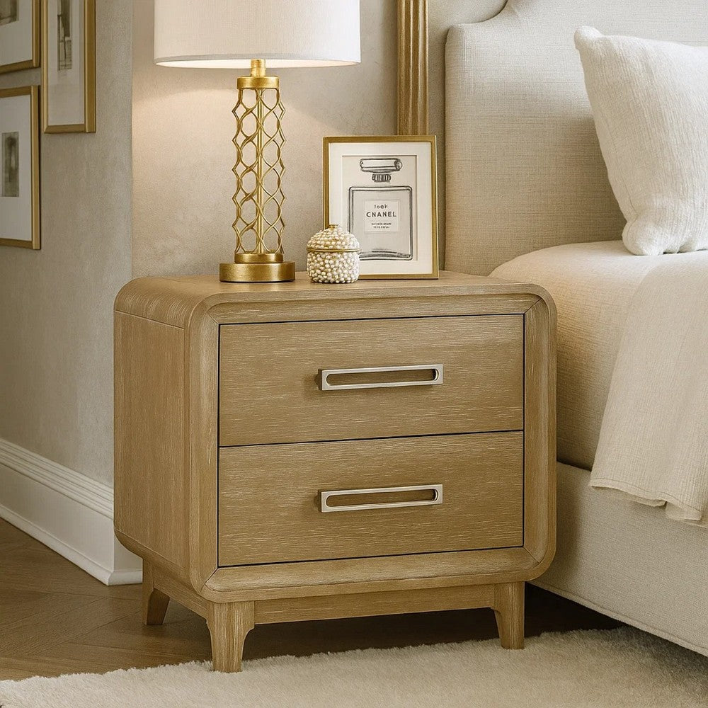 Benjara Wily Retro Nightstand, 2 Drawers with Nickel Bar Handles, Natural Brown