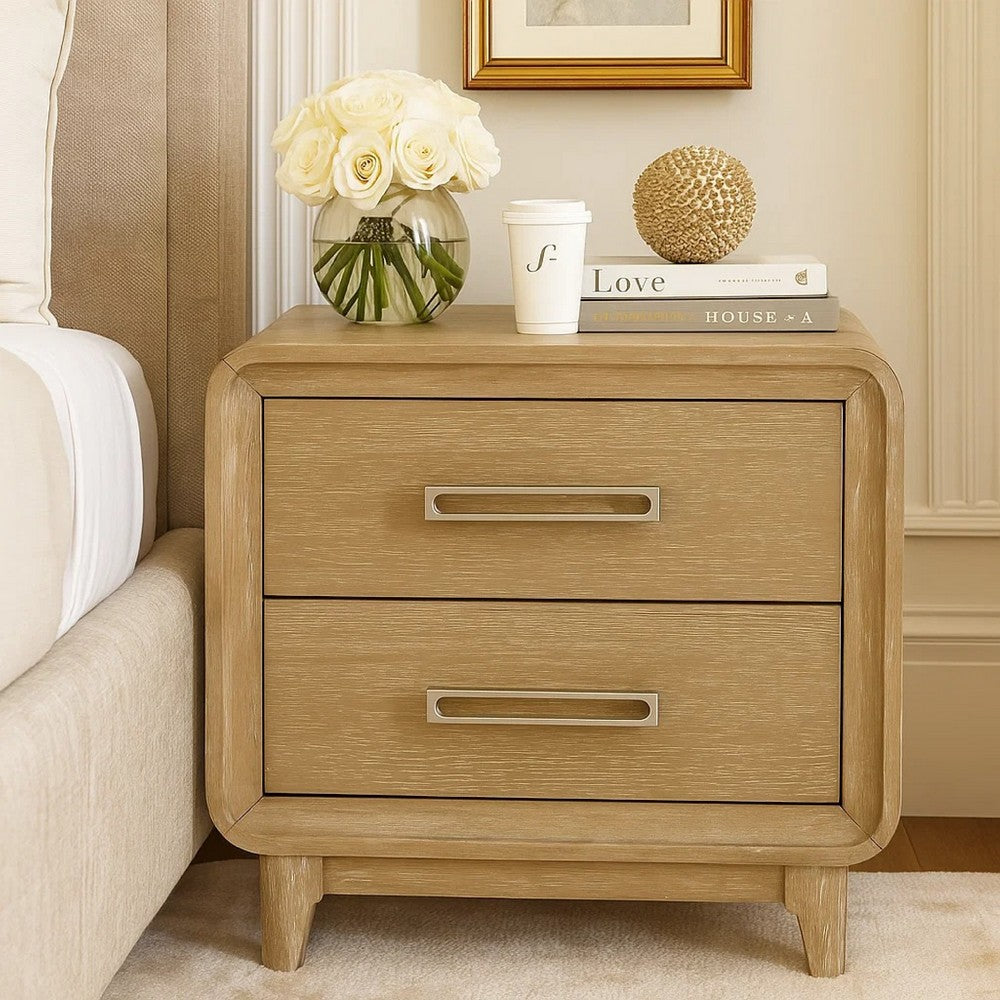 Benjara Wily Retro Nightstand, 2 Drawers with Nickel Bar Handles, Natural Brown