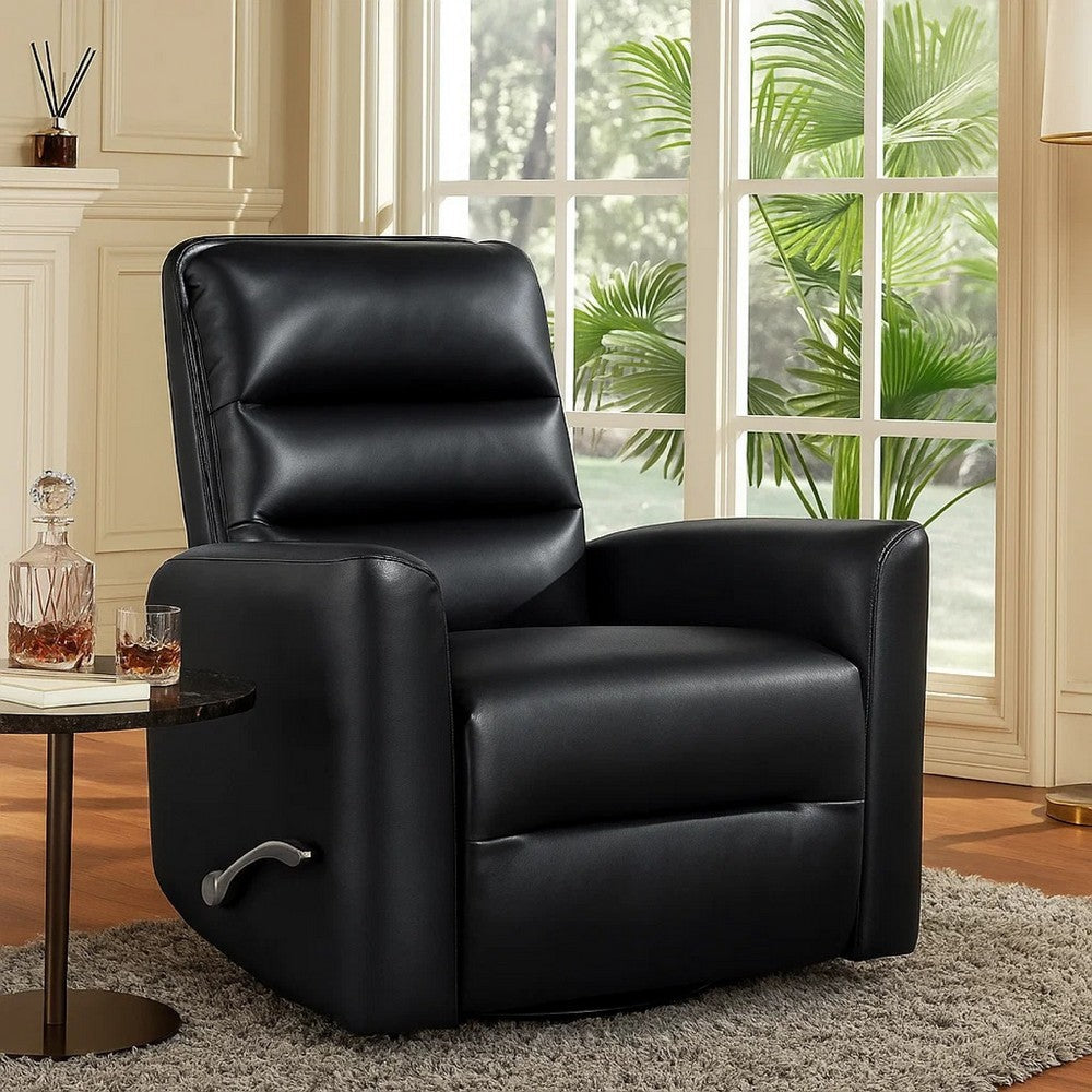 Benjara Demy Swivel Glider Manual Reclining Chair, Black Faux Leather Cushions