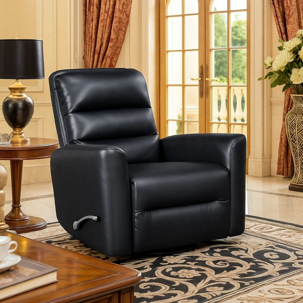 Benjara Demy Swivel Glider Manual Reclining Chair, Black Faux Leather Cushions