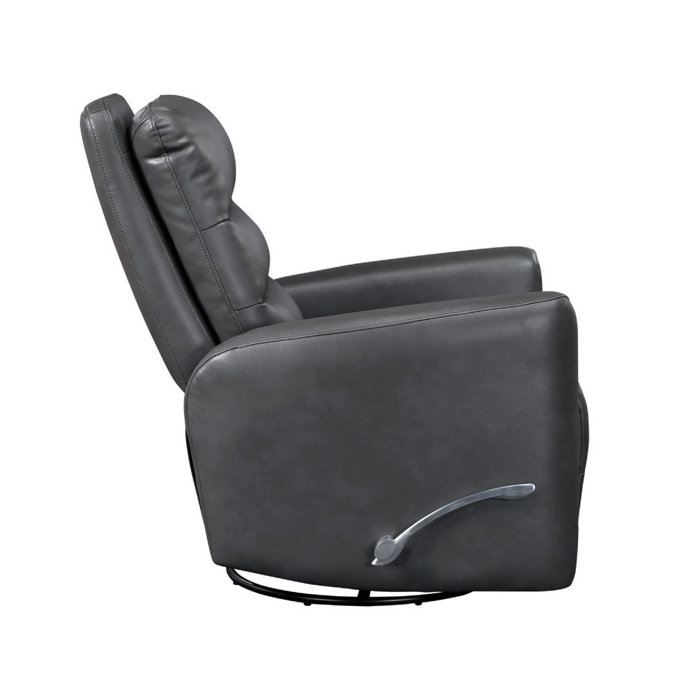 Benjara Demy Swivel Glider Manual Reclining Chair, Gray Faux Leather Cushions