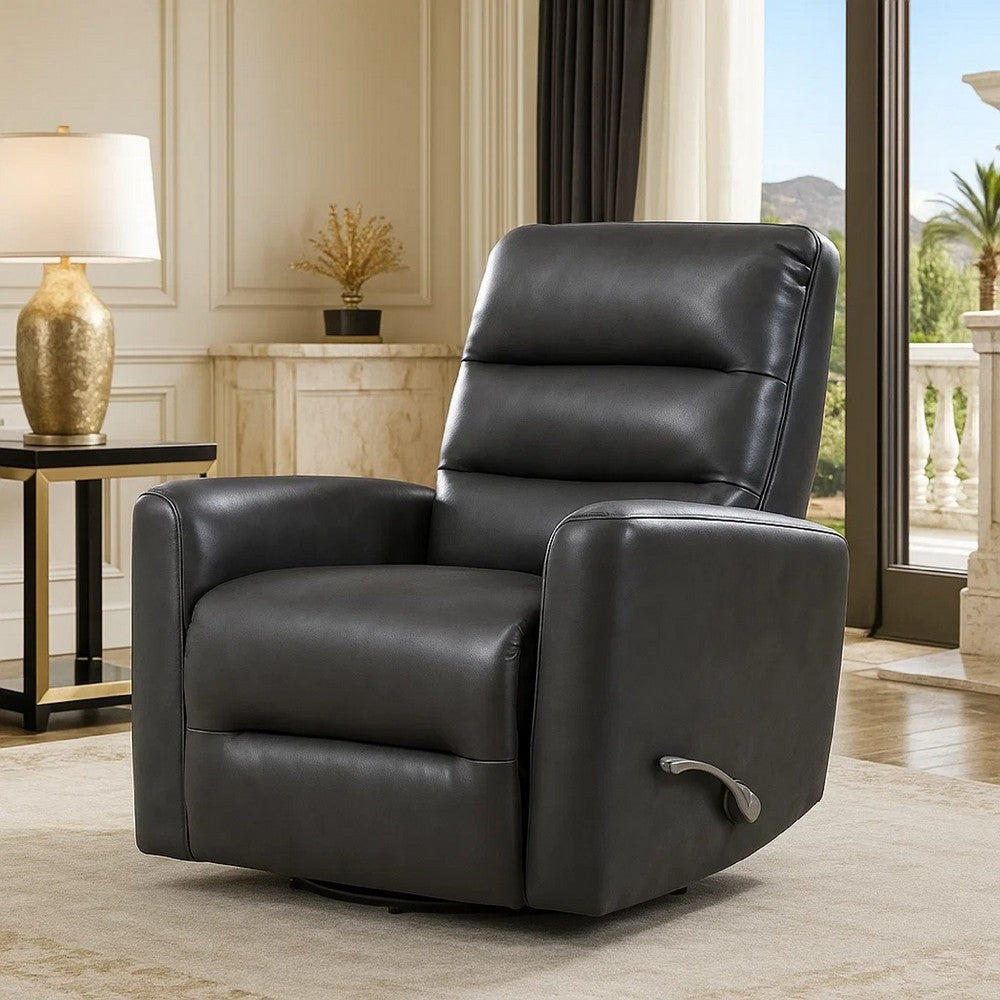 Benjara Demy Swivel Glider Manual Reclining Chair, Gray Faux Leather Cushions