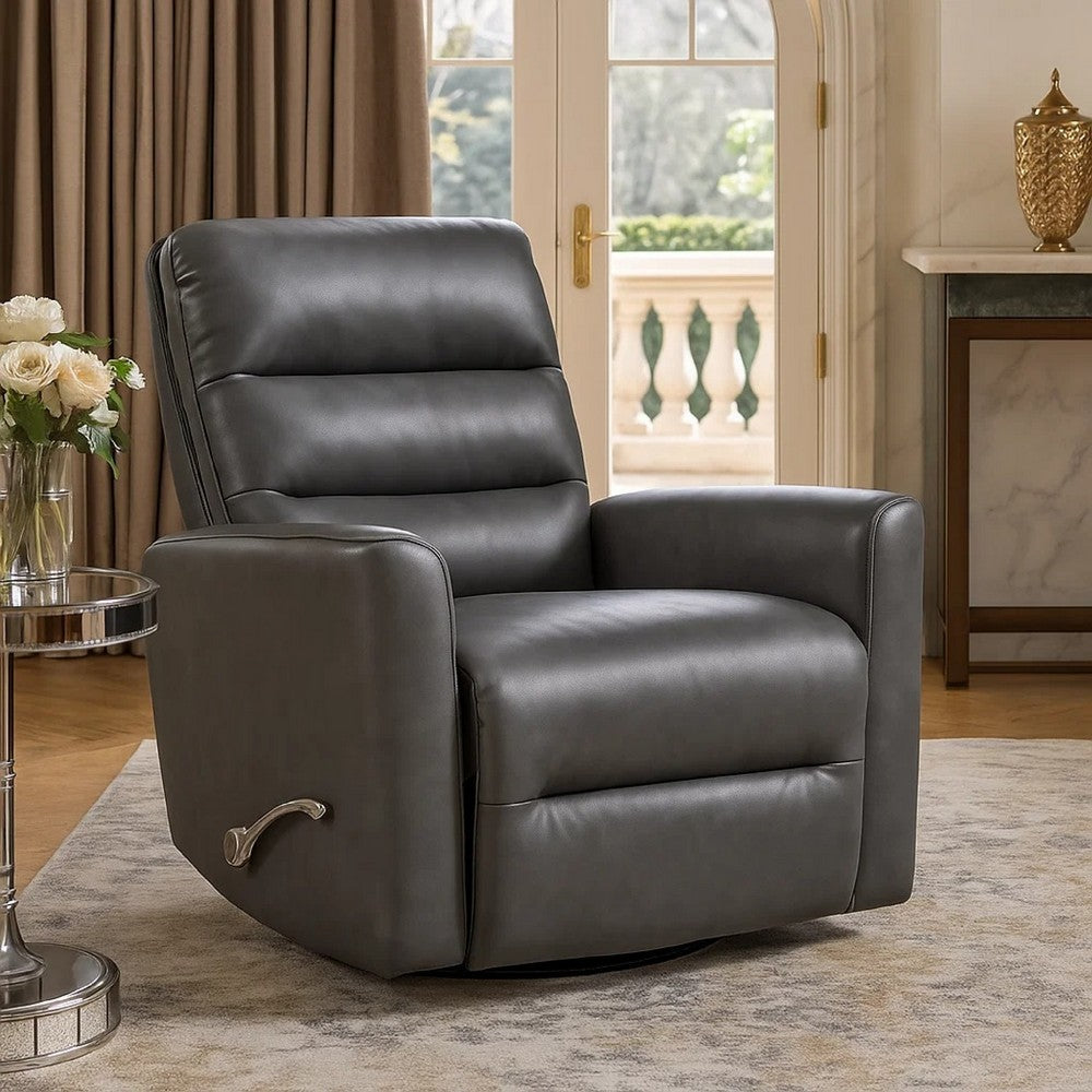 Benjara Demy Swivel Glider Manual Reclining Chair, Gray Faux Leather Cushions