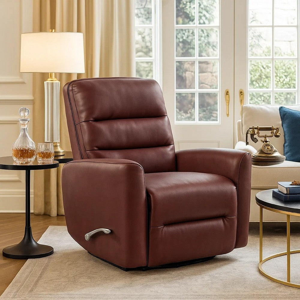 Benjara Demy Swivel Glider Manual Reclining Chair, Red Faux Leather Cushions