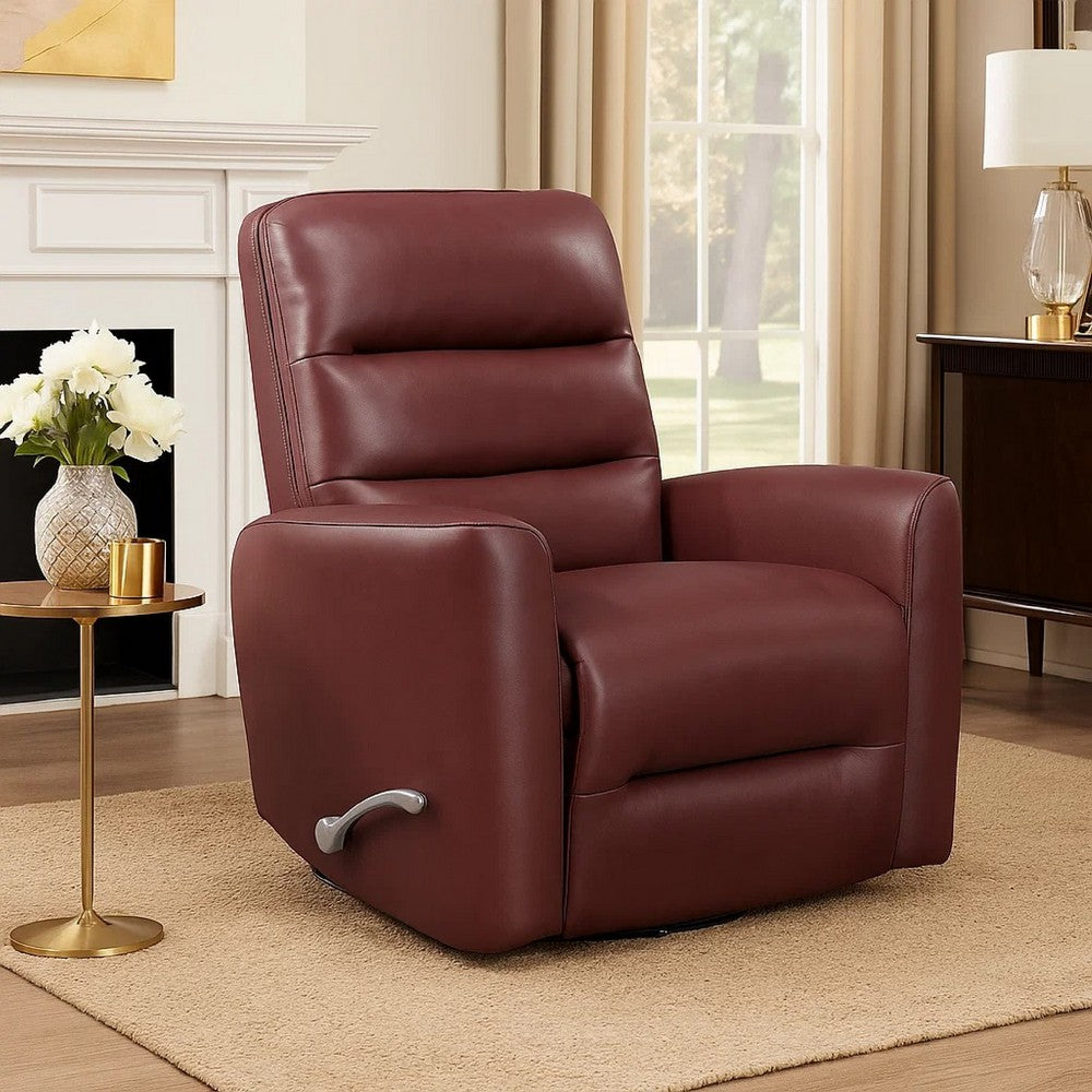 Benjara Demy Swivel Glider Manual Reclining Chair, Red Faux Leather Cushions
