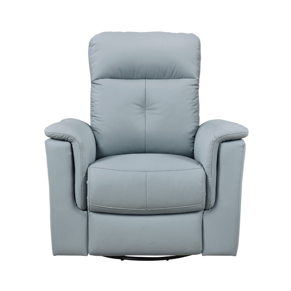 Benjara Rem Swivel Glider Manual Reclining Chair, Light Blue Top Grain Leather