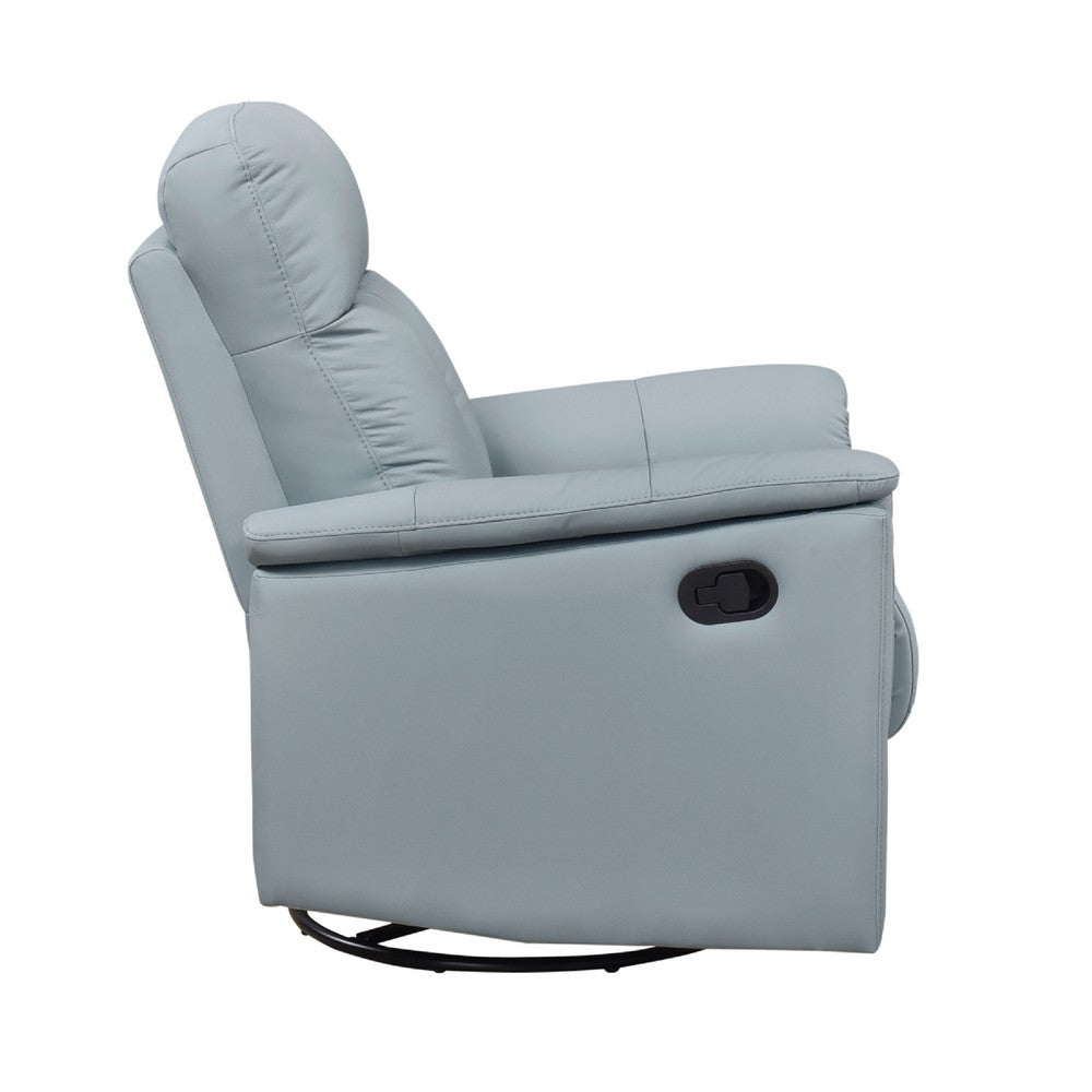 Benjara Rem Swivel Glider Manual Reclining Chair, Light Blue Top Grain Leather
