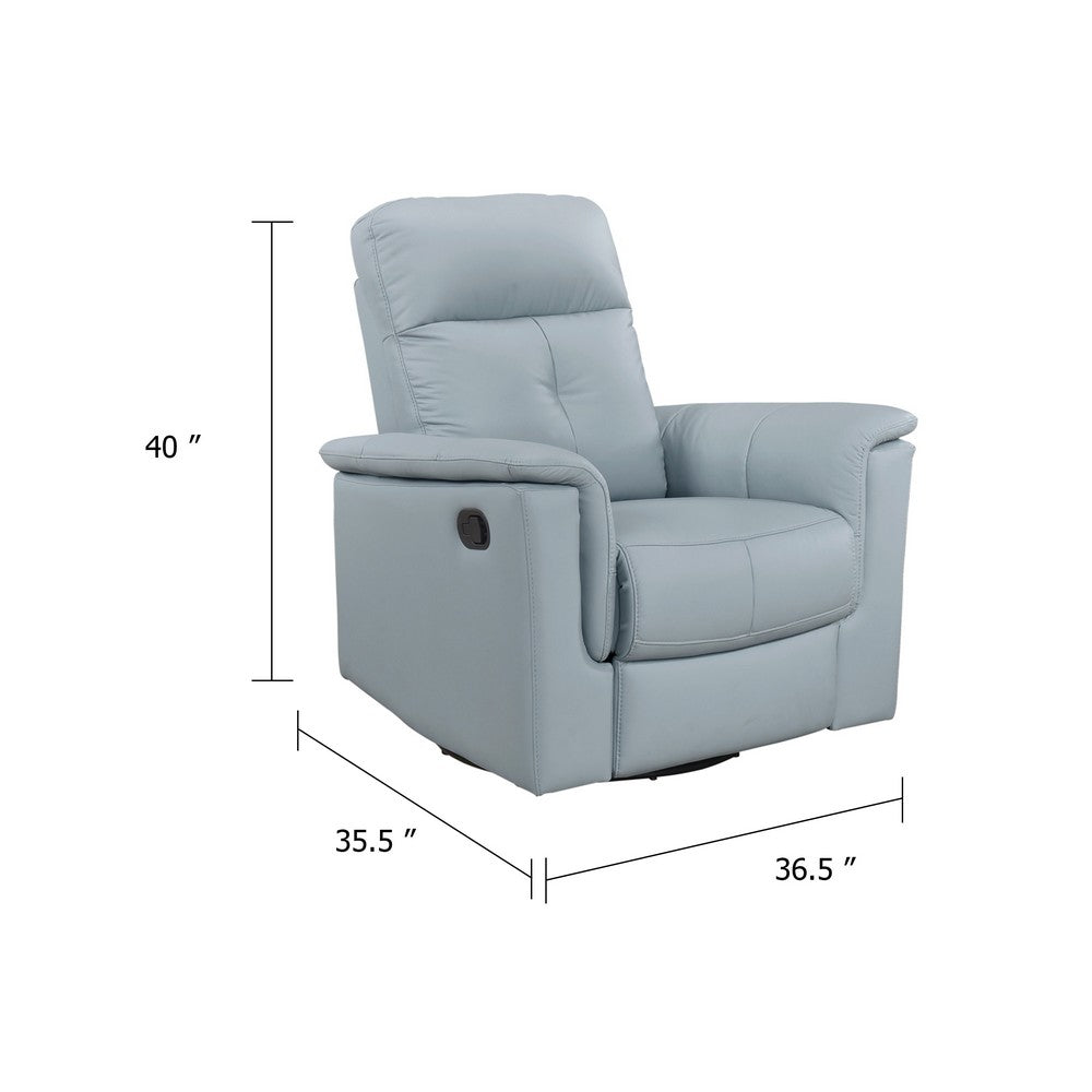 Benjara Rem Swivel Glider Manual Reclining Chair, Light Blue Top Grain Leather
