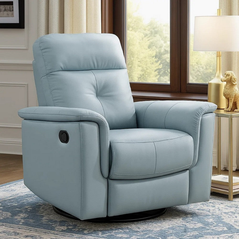 Benjara Rem Swivel Glider Manual Reclining Chair, Light Blue Top Grain Leather