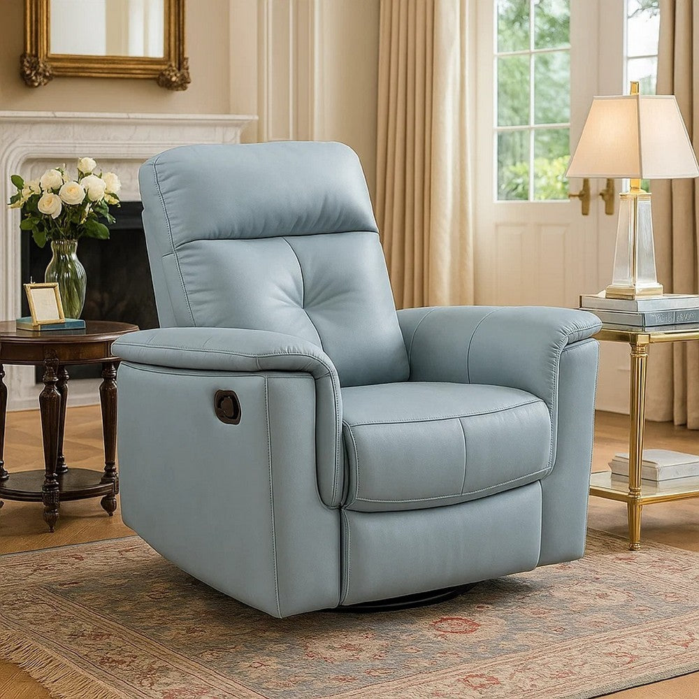 Benjara Rem Swivel Glider Manual Reclining Chair, Light Blue Top Grain Leather