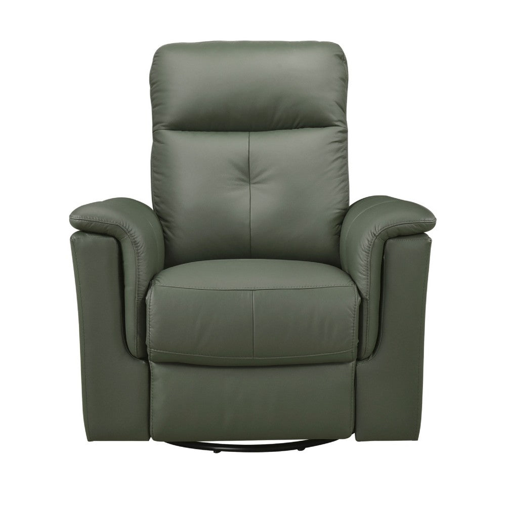 Benjara Rem Swivel Glider Manual Reclining Chair, Green Top Grain Leather