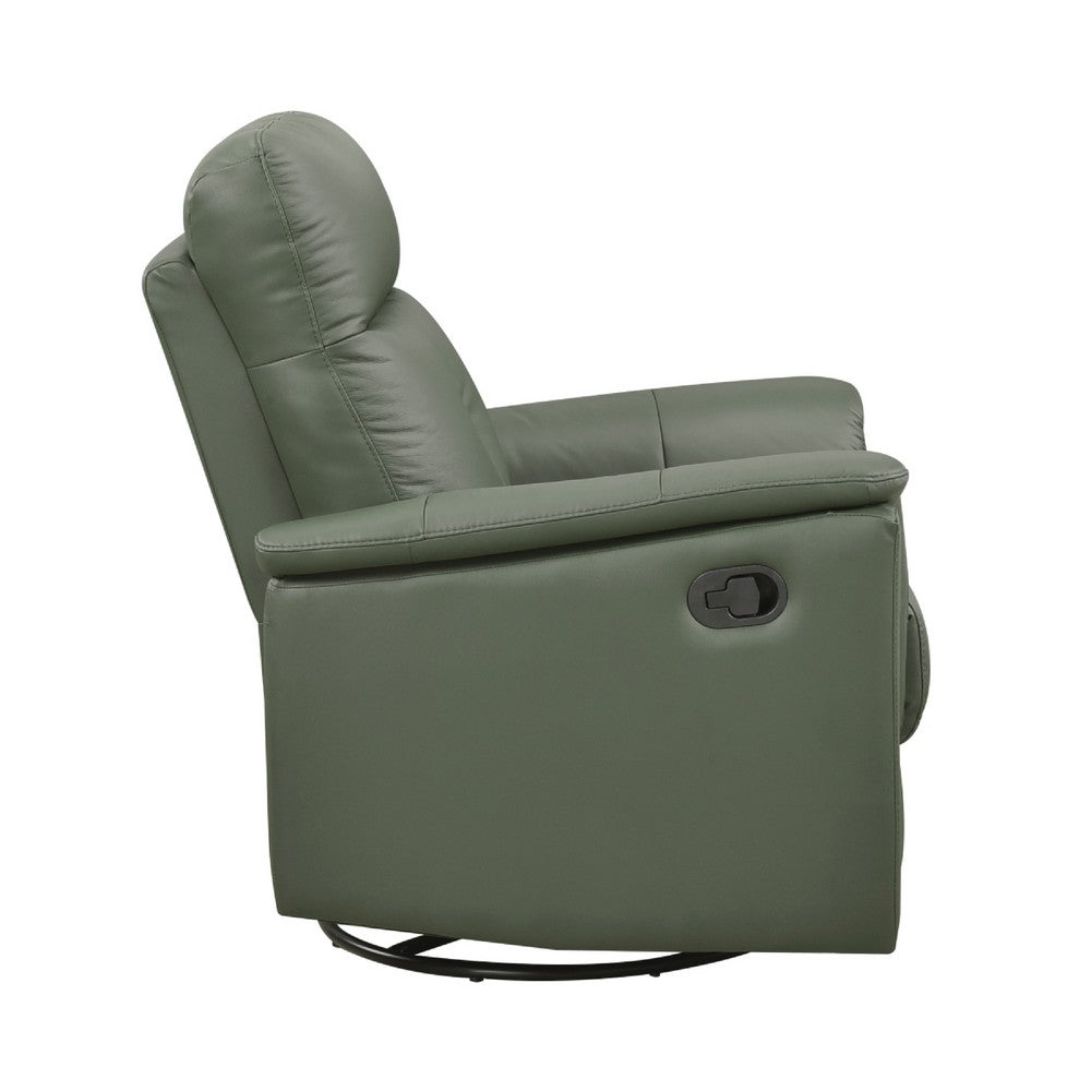 Benjara Rem Swivel Glider Manual Reclining Chair, Green Top Grain Leather
