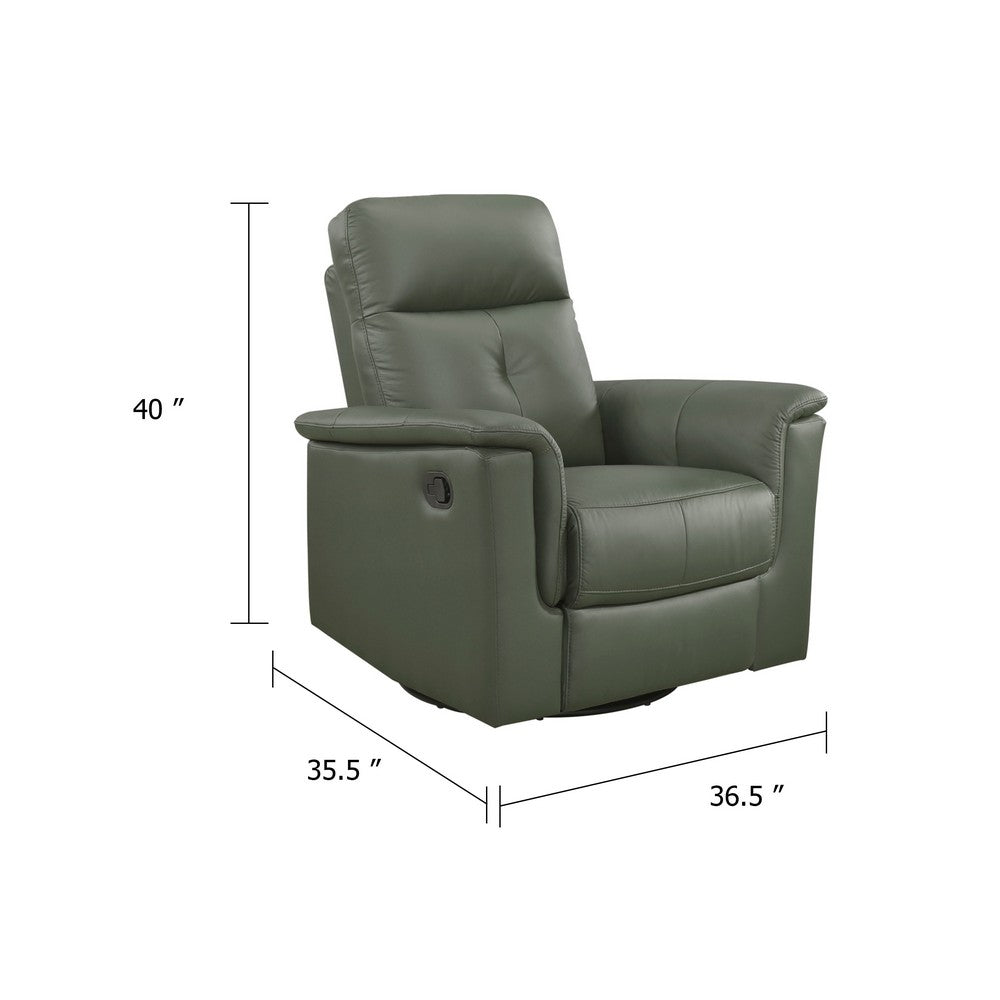 Benjara Rem Swivel Glider Manual Reclining Chair, Green Top Grain Leather
