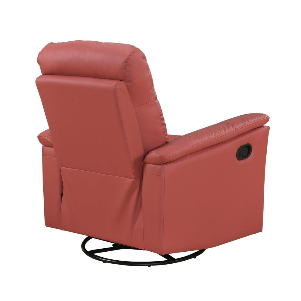 Benjara Rem Swivel Glider Manual Reclining Chair, Coral Red Top Grain Leather