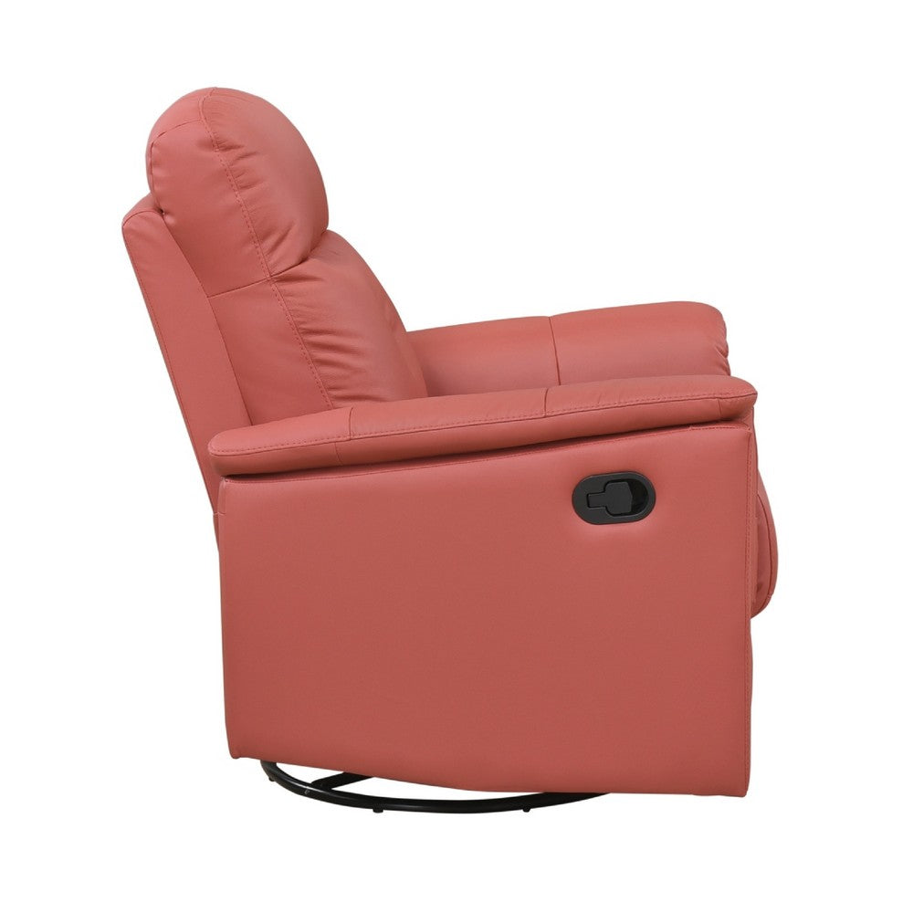 Benjara Rem Swivel Glider Manual Reclining Chair, Coral Red Top Grain Leather