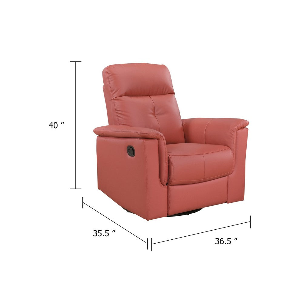 Benjara Rem Swivel Glider Manual Reclining Chair, Coral Red Top Grain Leather