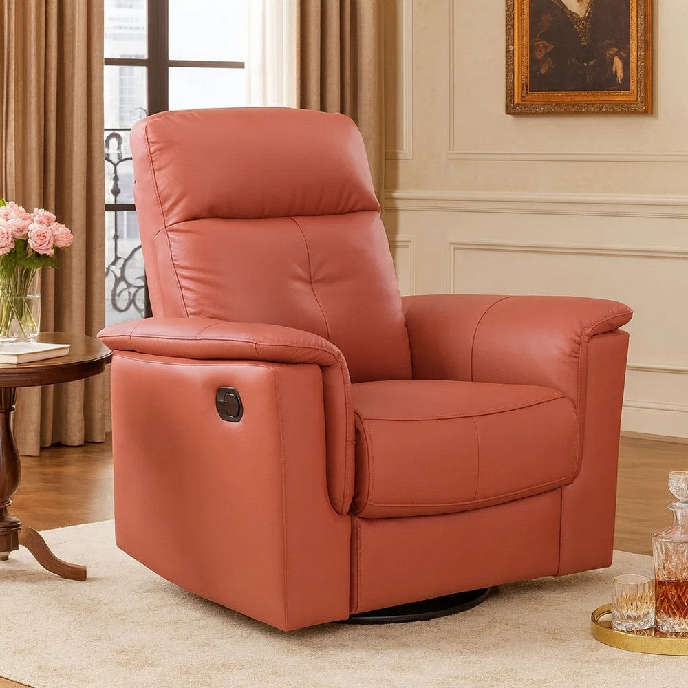 Benjara Rem Swivel Glider Manual Reclining Chair, Coral Red Top Grain Leather