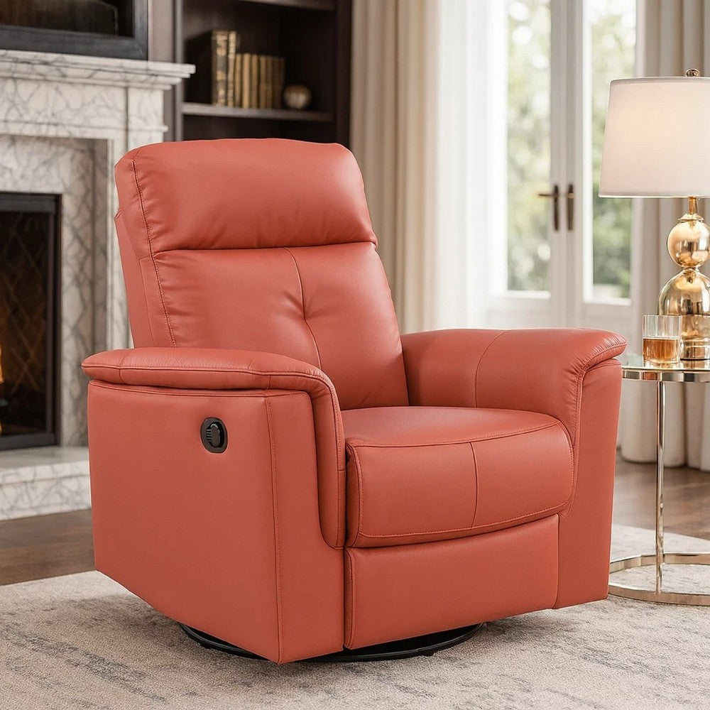 Benjara Rem Swivel Glider Manual Reclining Chair, Coral Red Top Grain Leather