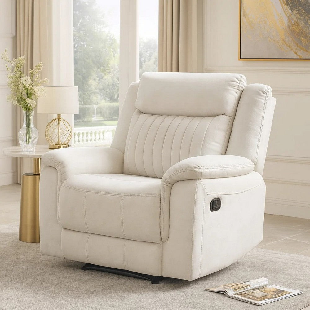 Benjara Nez Manual Reclining Chair, Contrast Edges, Beige Polished Microfiber