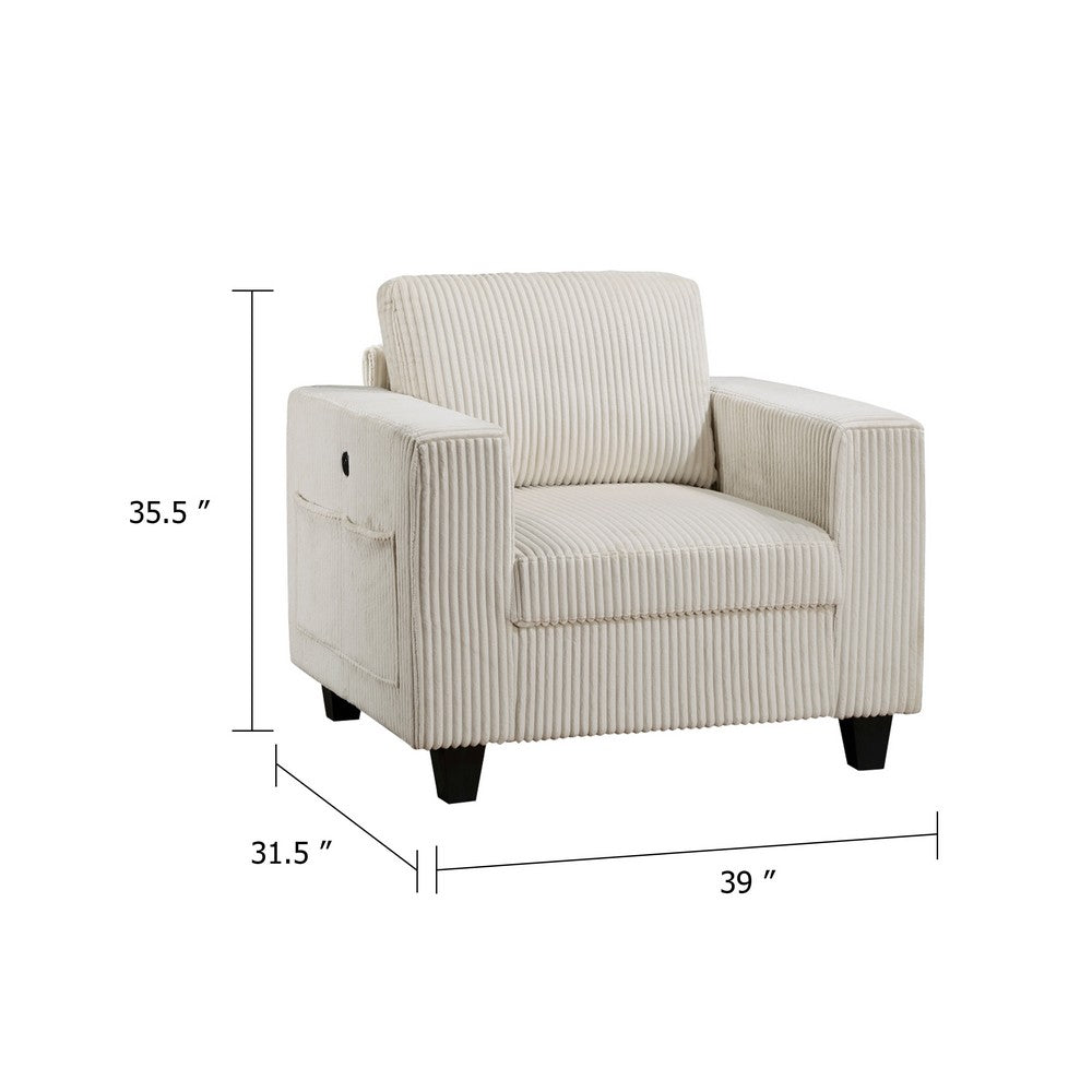Benjara Wely Storage Chair w USB Charging Ports, Beige Corduroy Seat And Back