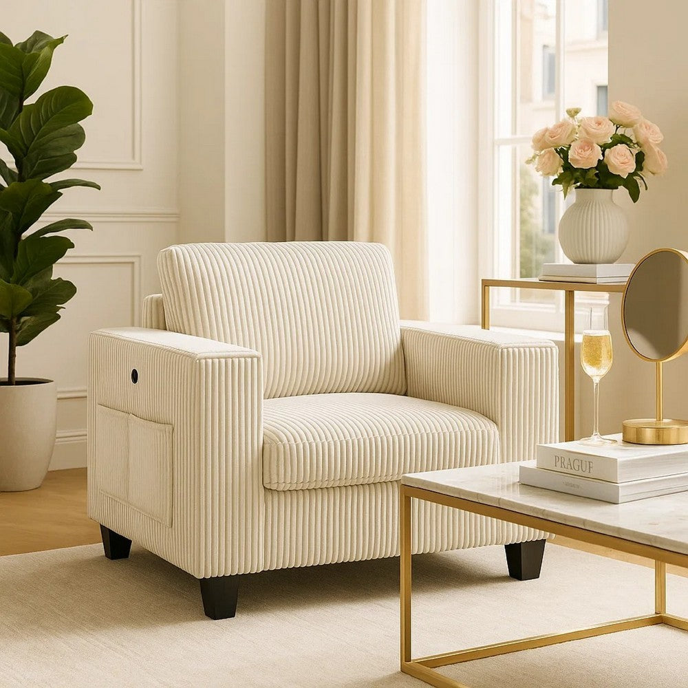 Benjara Wely Storage Chair w USB Charging Ports, Beige Corduroy Seat And Back