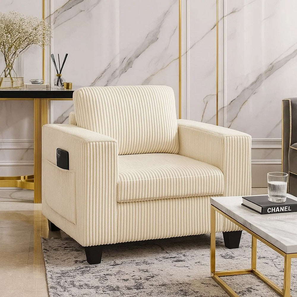 Benjara Wely Storage Chair w USB Charging Ports, Beige Corduroy Seat And Back
