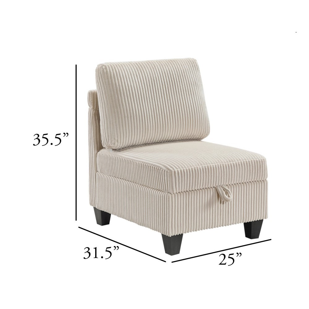 Benjara Wely Armless Chair w Hidden Storage, Beige Corduroy Seat And Back