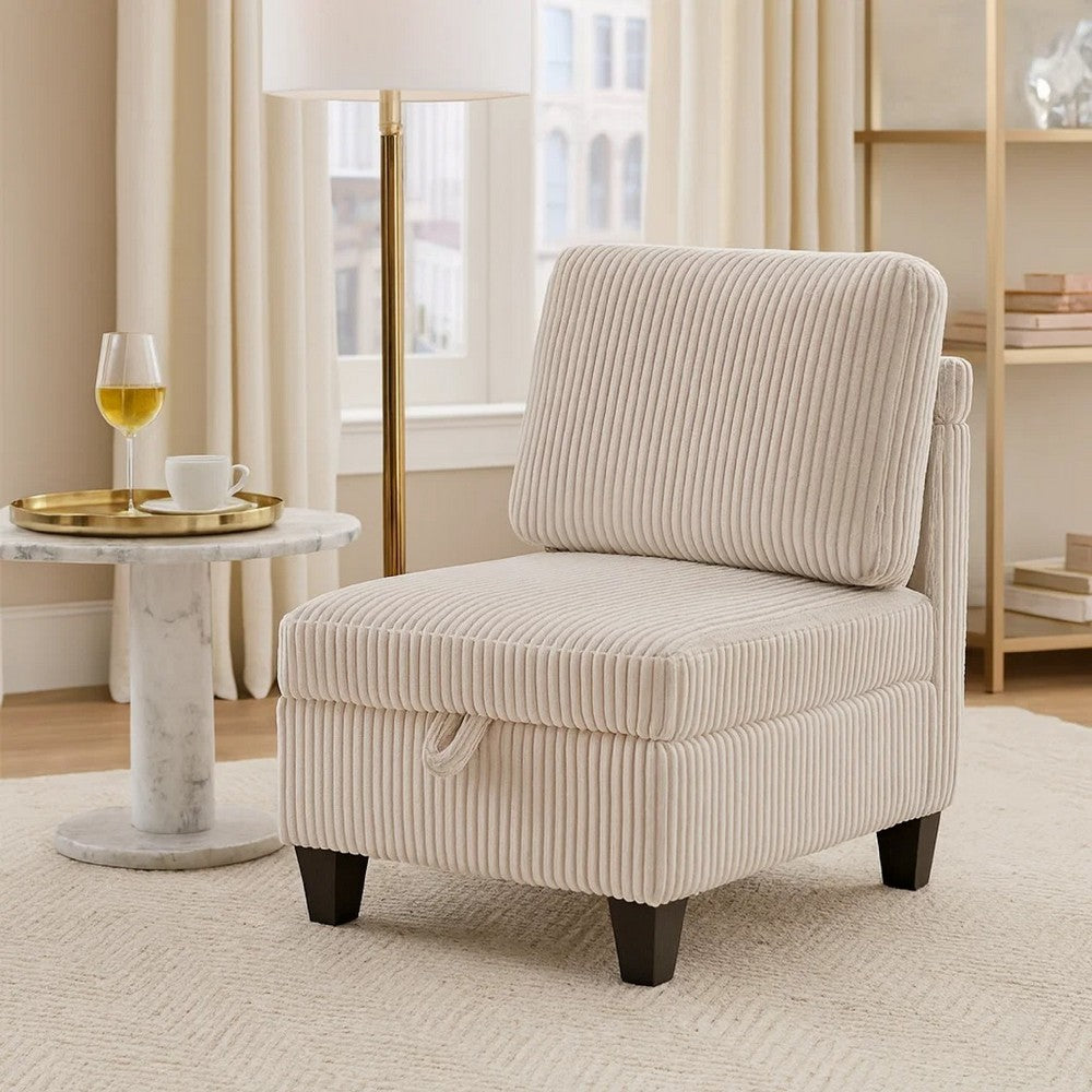 Benjara Wely Armless Chair w Hidden Storage, Beige Corduroy Seat And Back