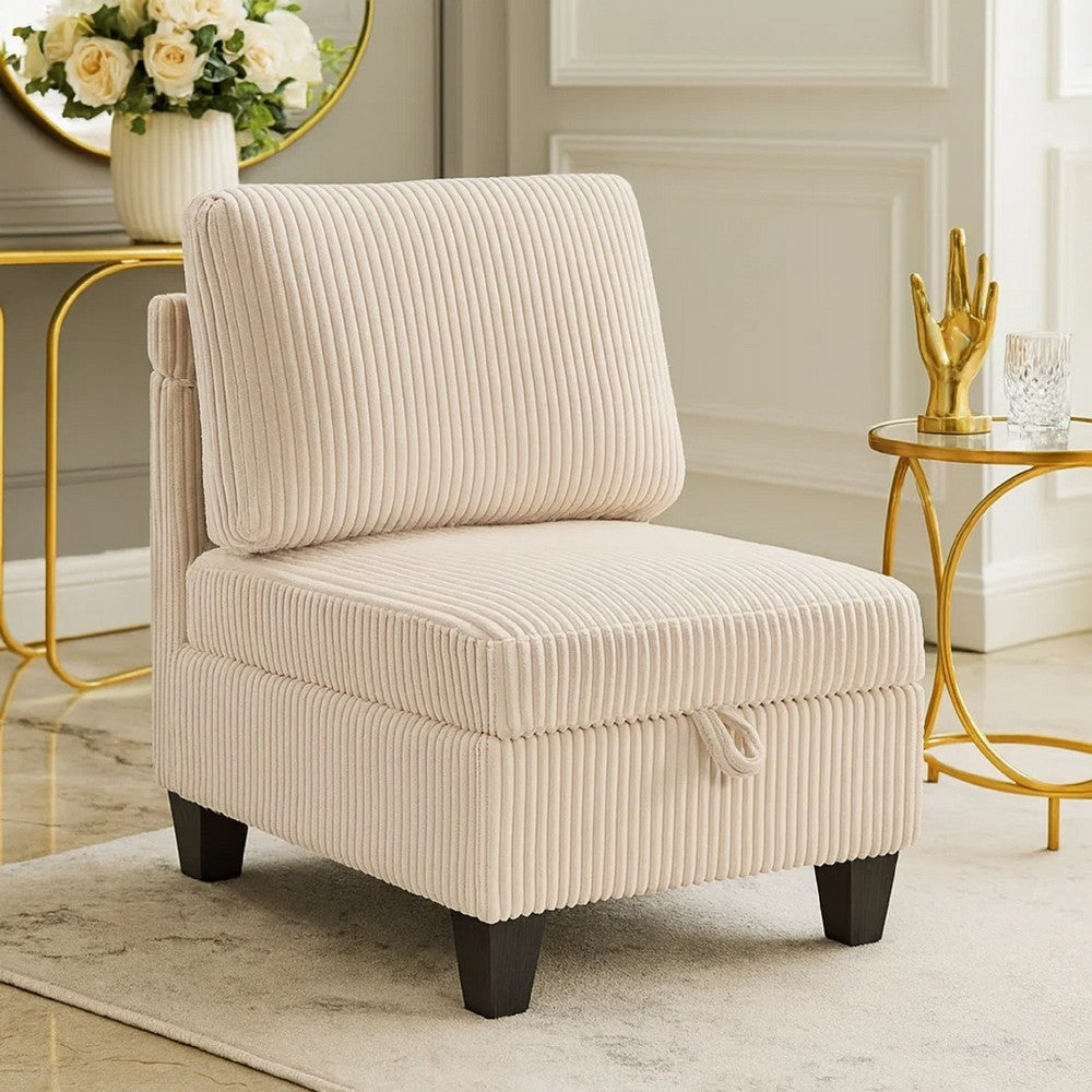 Benjara Wely Armless Chair w Hidden Storage, Beige Corduroy Seat And Back