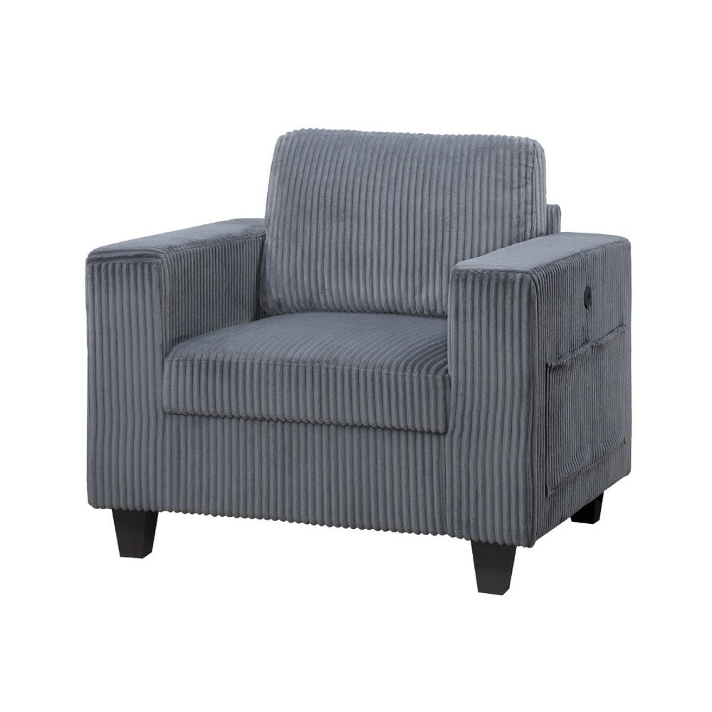 Benjara Wely Storage Chair w USB Charging Ports, Dark Gray Corduroy Seat And Back
