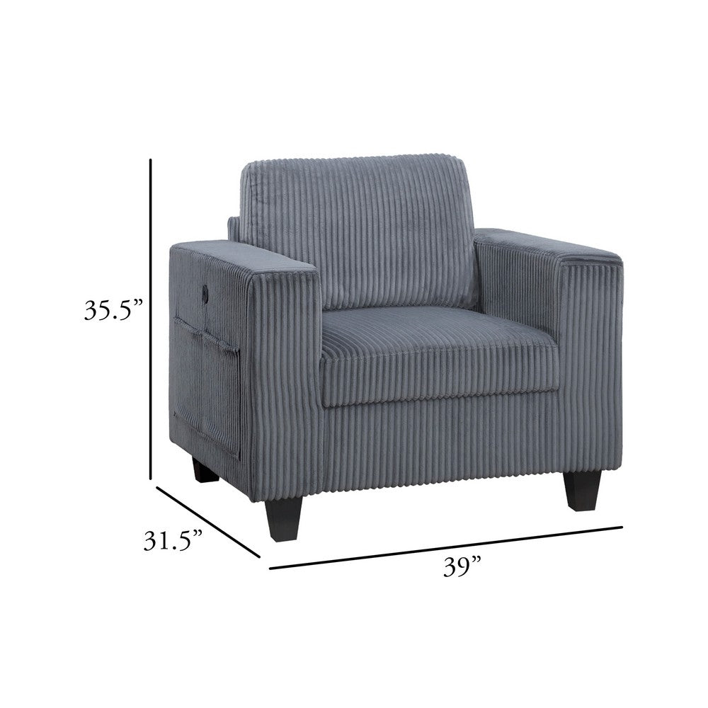 Benjara Wely Storage Chair w USB Charging Ports, Dark Gray Corduroy Seat And Back