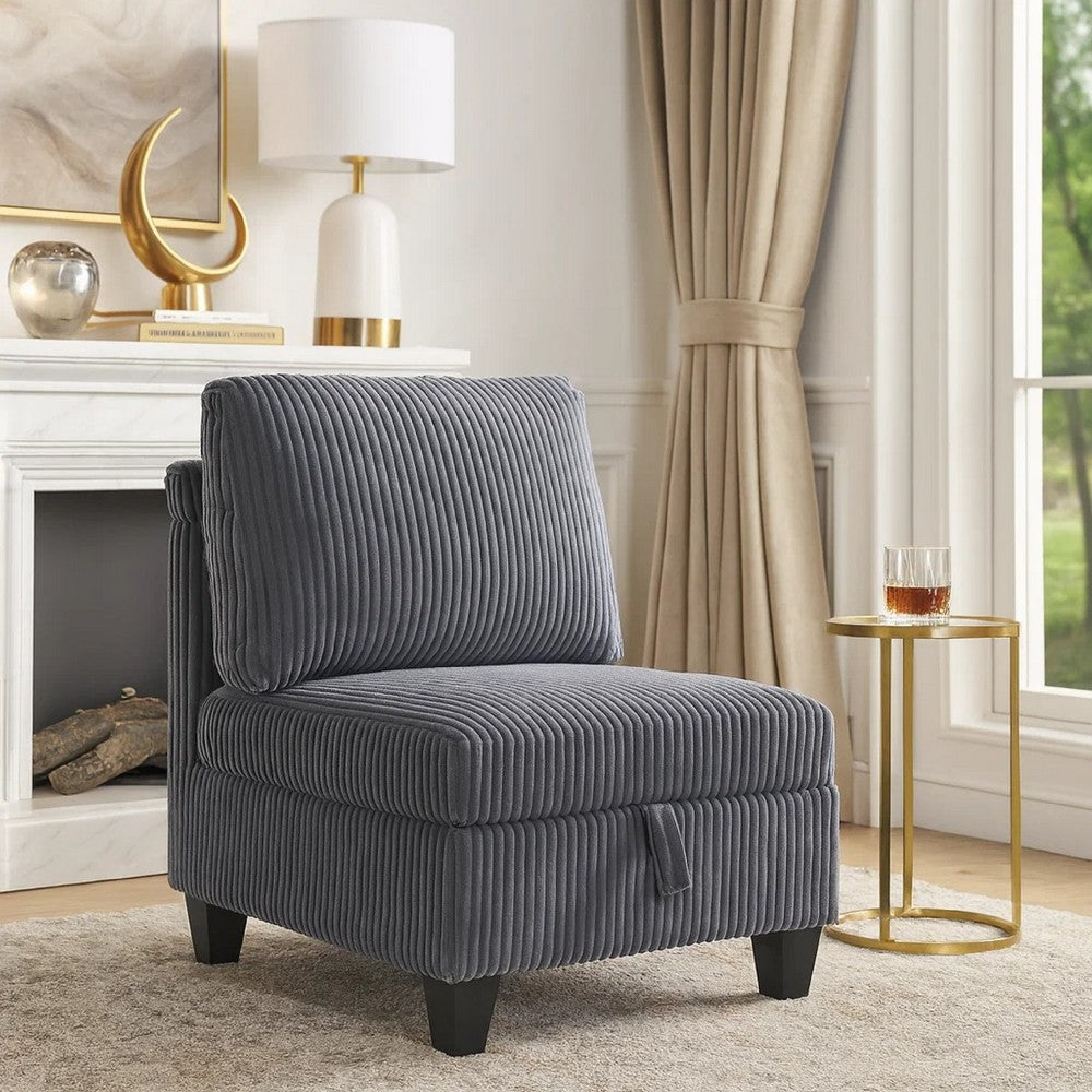 Benjara Wely Armless Chair w Hidden Storage, Dark Gray Corduroy Seat And Back