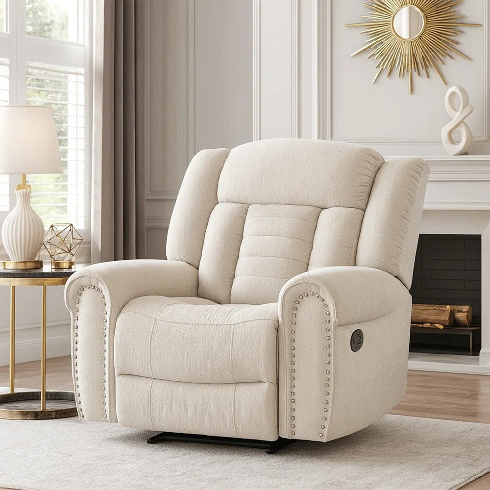 Benjara Reo Manual Reclining Chair with Glider Motion, Soft Beige Chenille