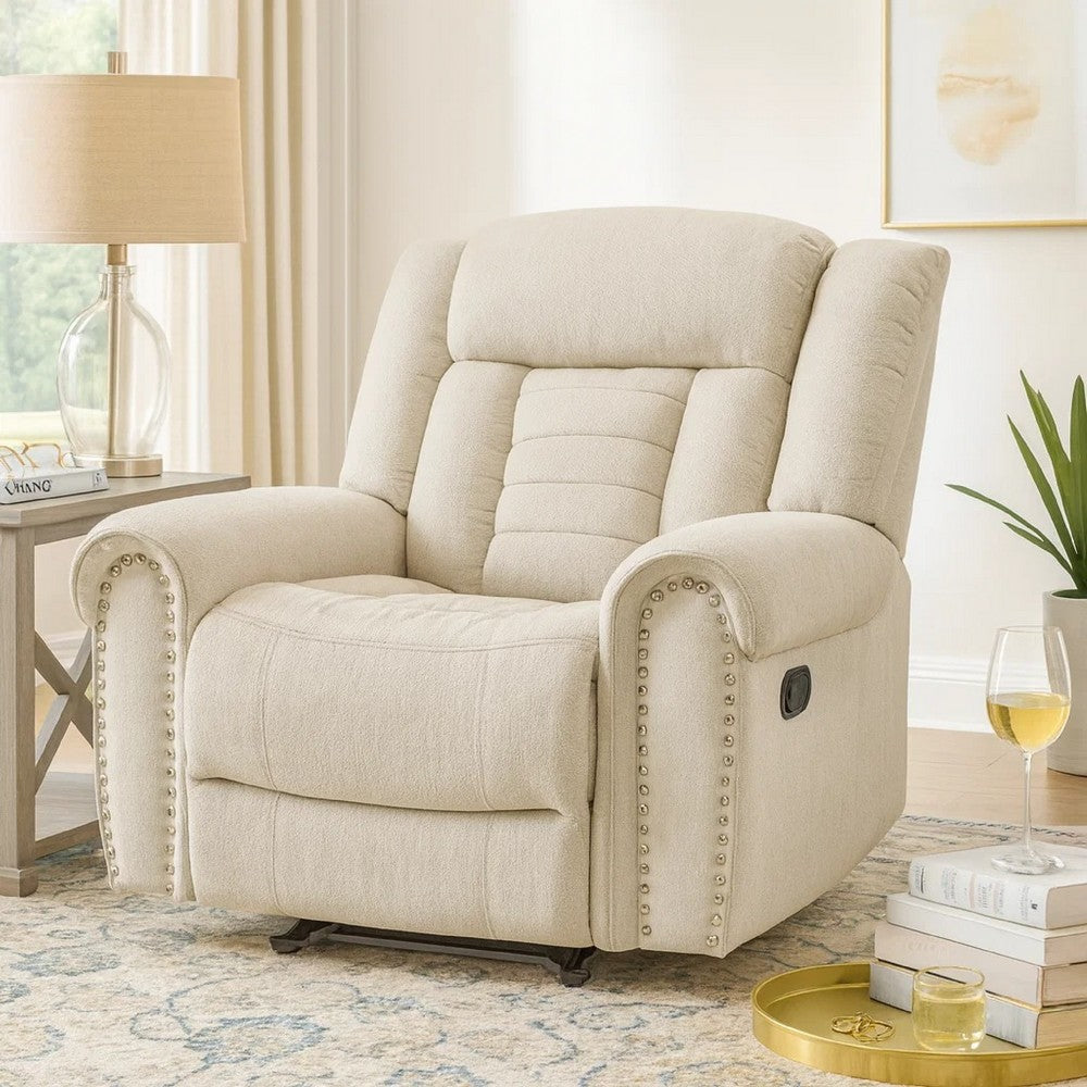Benjara Reo Manual Reclining Chair with Glider Motion, Soft Beige Chenille
