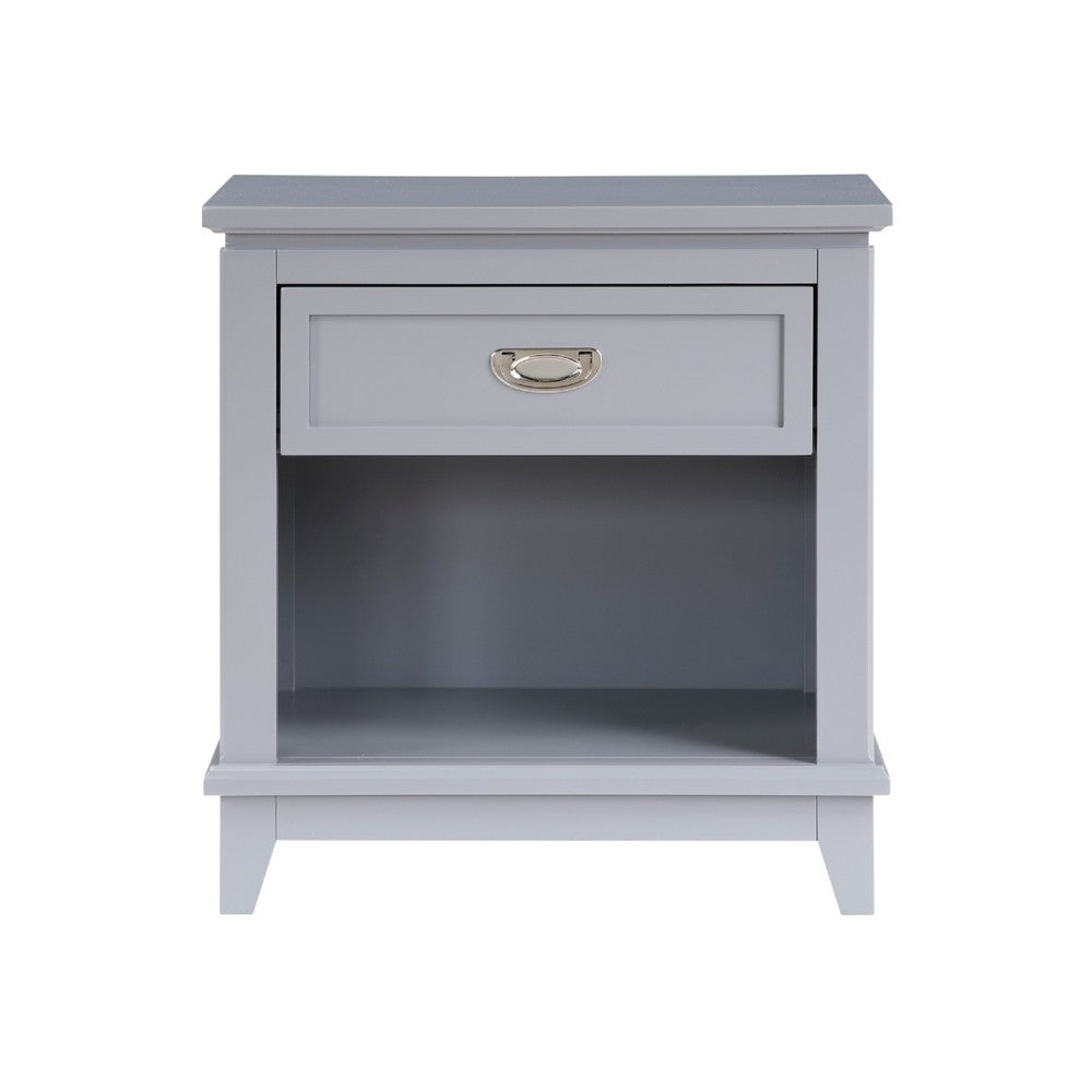 Benjara Sely Nightstand, Open Cubby And Drawer, Nickel Handle, Gray, 26 Inch