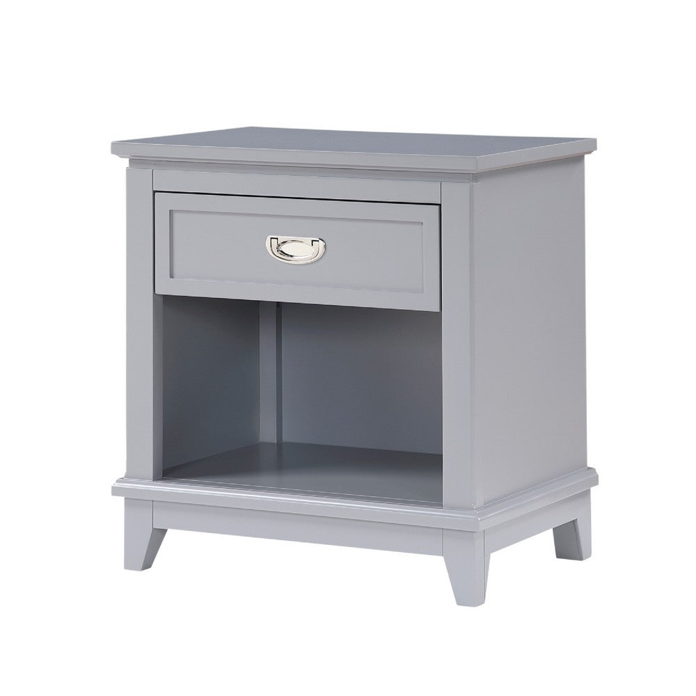 Benjara Sely Nightstand, Open Cubby And Drawer, Nickel Handle, Gray, 26 Inch